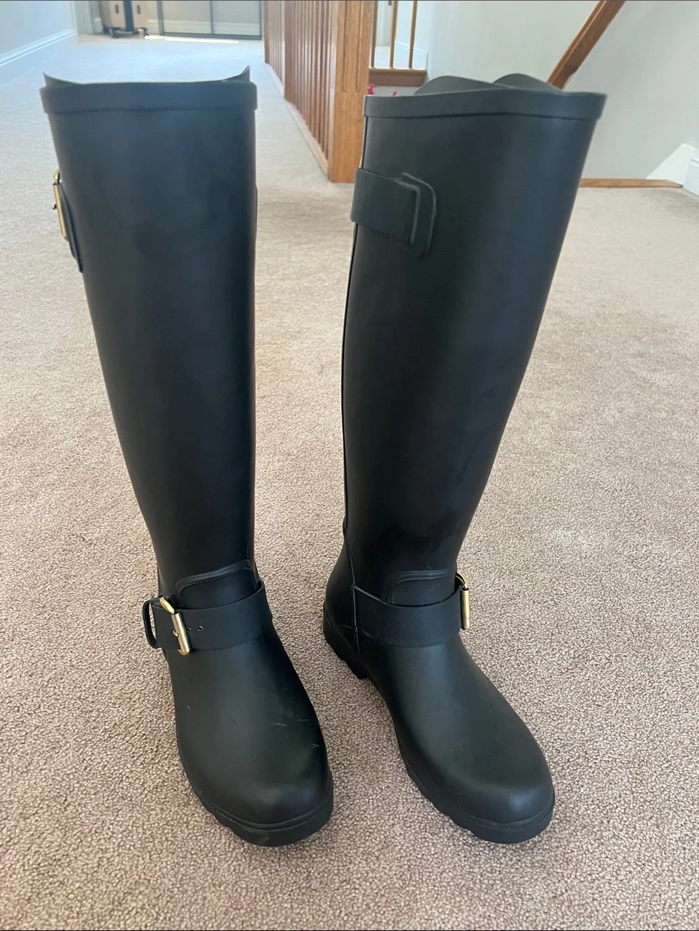 Women's Tall Black Rain Boots with Buckle Detail